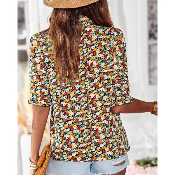imageBTFBM Womens Summer Boho Shirt Top Ruffle Short Sleeve Frill Trim Mock Neck Floral Solid 2023 Casual Blouses Shirts TopsFloral Navy