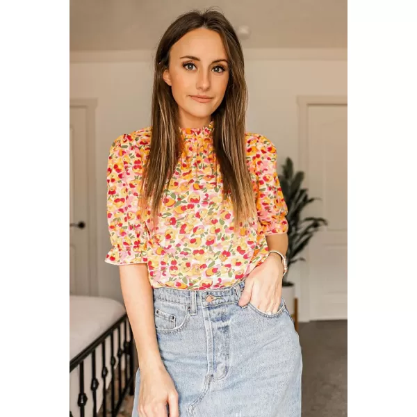 imageBTFBM Womens Summer Boho Shirt Top Ruffle Short Sleeve Frill Trim Mock Neck Floral Solid 2023 Casual Blouses Shirts TopsFloral Pink