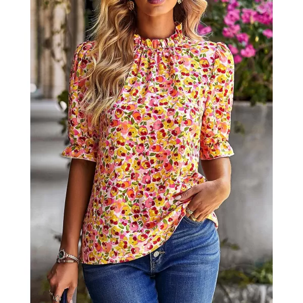 imageBTFBM Womens Summer Boho Shirt Top Ruffle Short Sleeve Frill Trim Mock Neck Floral Solid 2023 Casual Blouses Shirts TopsFloral Pink