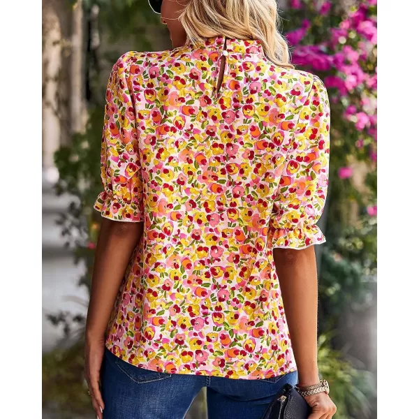 imageBTFBM Womens Summer Boho Shirt Top Ruffle Short Sleeve Frill Trim Mock Neck Floral Solid 2023 Casual Blouses Shirts TopsFloral Pink