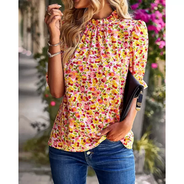 imageBTFBM Womens Summer Boho Shirt Top Ruffle Short Sleeve Frill Trim Mock Neck Floral Solid 2023 Casual Blouses Shirts TopsFloral Pink