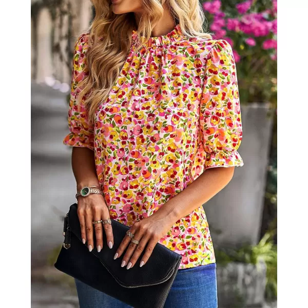 imageBTFBM Womens Summer Boho Shirt Top Ruffle Short Sleeve Frill Trim Mock Neck Floral Solid 2023 Casual Blouses Shirts TopsFloral Pink
