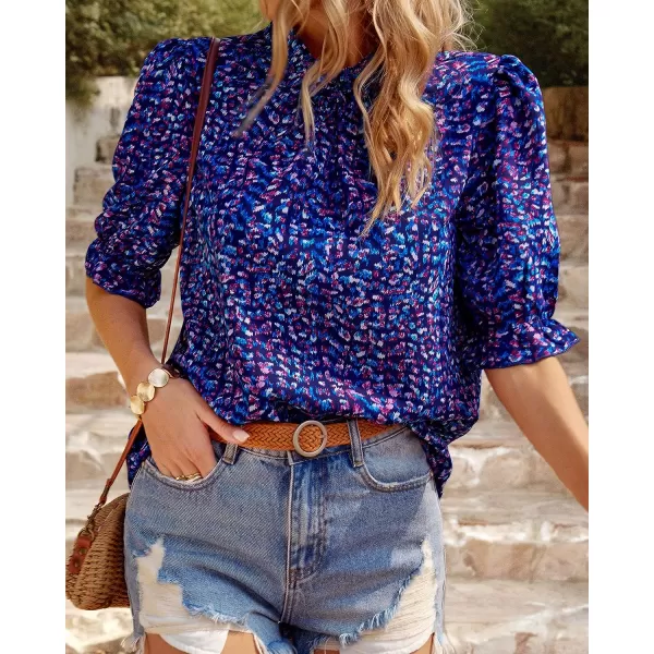 imageBTFBM Womens Summer Boho Shirt Top Ruffle Short Sleeve Frill Trim Mock Neck Floral Solid 2023 Casual Blouses Shirts TopsFloral Purple Blue