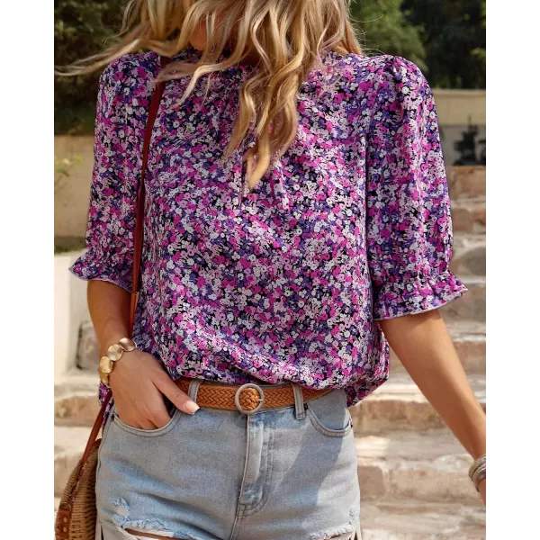 imageBTFBM Womens Summer Boho Shirt Top Ruffle Short Sleeve Frill Trim Mock Neck Floral Solid 2023 Casual Blouses Shirts TopsFloral Purple White
