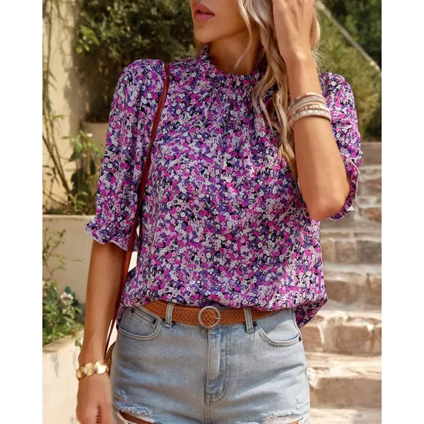 imageBTFBM Womens Summer Boho Shirt Top Ruffle Short Sleeve Frill Trim Mock Neck Floral Solid 2023 Casual Blouses Shirts TopsFloral Purple White