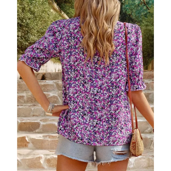 imageBTFBM Womens Summer Boho Shirt Top Ruffle Short Sleeve Frill Trim Mock Neck Floral Solid 2023 Casual Blouses Shirts TopsFloral Purple White