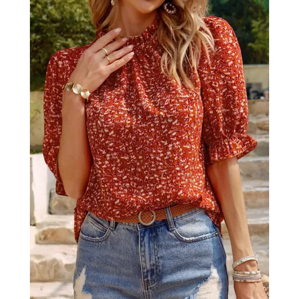 imageBTFBM Womens Summer Boho Shirt Top Ruffle Short Sleeve Frill Trim Mock Neck Floral Solid 2023 Casual Blouses Shirts TopsFloral Red Orange
