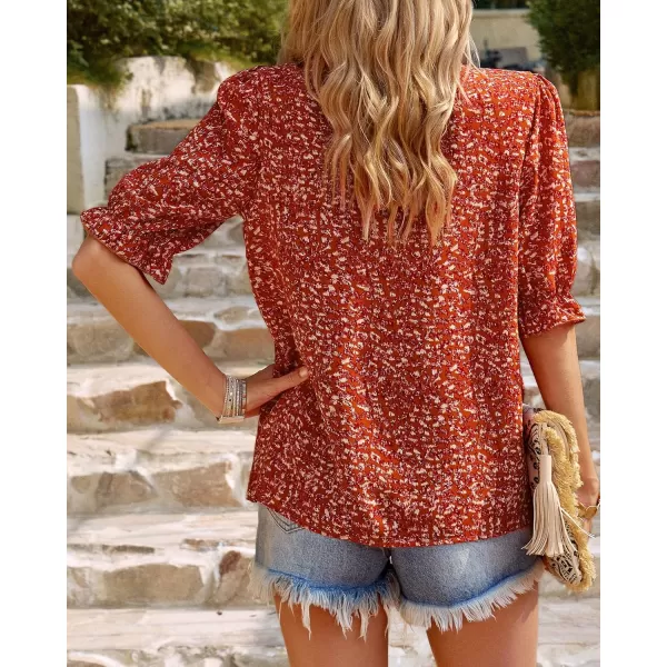 imageBTFBM Womens Summer Boho Shirt Top Ruffle Short Sleeve Frill Trim Mock Neck Floral Solid 2023 Casual Blouses Shirts TopsFloral Red Orange