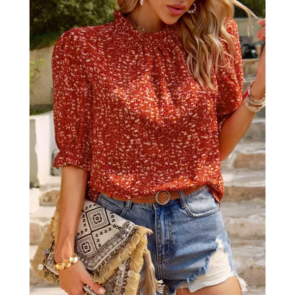imageBTFBM Womens Summer Boho Shirt Top Ruffle Short Sleeve Frill Trim Mock Neck Floral Solid 2023 Casual Blouses Shirts TopsFloral Red Orange