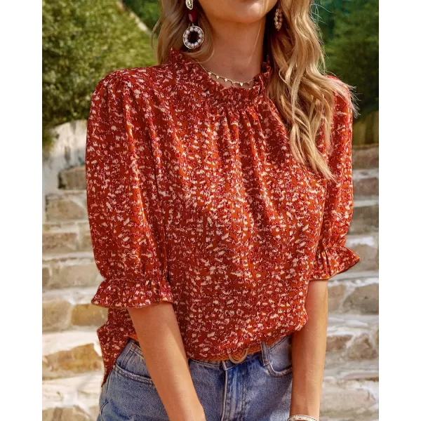 imageBTFBM Womens Summer Boho Shirt Top Ruffle Short Sleeve Frill Trim Mock Neck Floral Solid 2023 Casual Blouses Shirts TopsFloral Red Orange