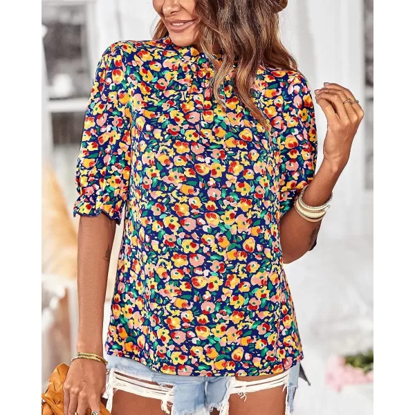 imageBTFBM Womens Summer Boho Shirt Top Ruffle Short Sleeve Frill Trim Mock Neck Floral Solid 2023 Casual Blouses Shirts TopsFloral Royal Blue