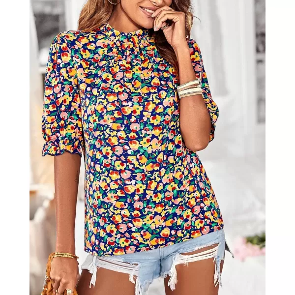 imageBTFBM Womens Summer Boho Shirt Top Ruffle Short Sleeve Frill Trim Mock Neck Floral Solid 2023 Casual Blouses Shirts TopsFloral Royal Blue