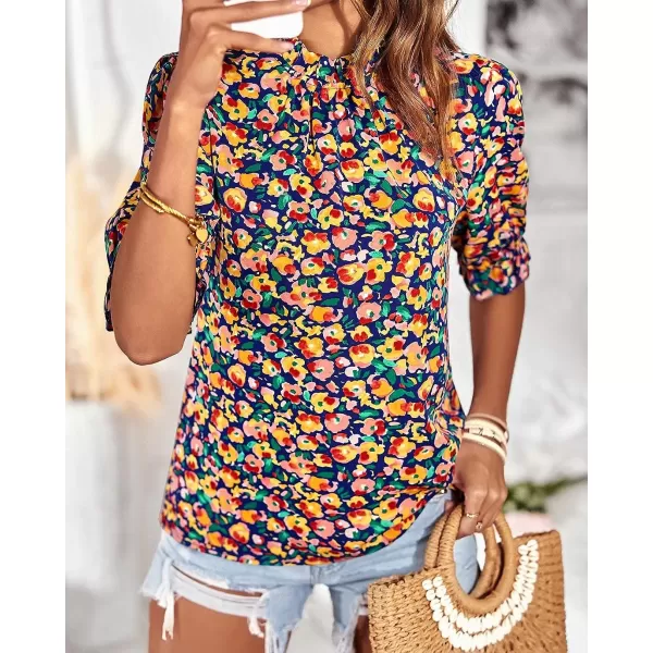 imageBTFBM Womens Summer Boho Shirt Top Ruffle Short Sleeve Frill Trim Mock Neck Floral Solid 2023 Casual Blouses Shirts TopsFloral Royal Blue