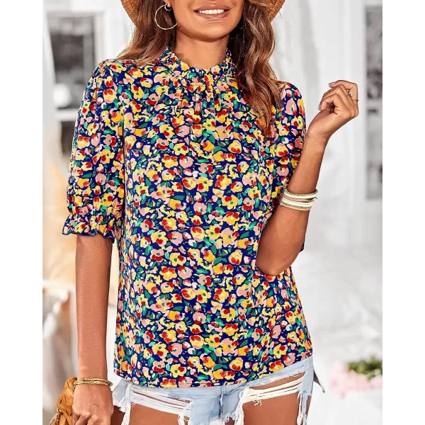 imageBTFBM Womens Summer Boho Shirt Top Ruffle Short Sleeve Frill Trim Mock Neck Floral Solid 2023 Casual Blouses Shirts TopsFloral Royal Blue