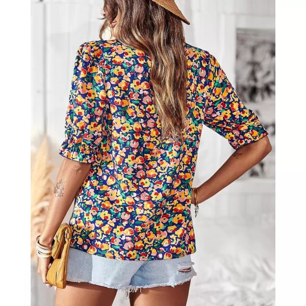 imageBTFBM Womens Summer Boho Shirt Top Ruffle Short Sleeve Frill Trim Mock Neck Floral Solid 2023 Casual Blouses Shirts TopsFloral Royal Blue