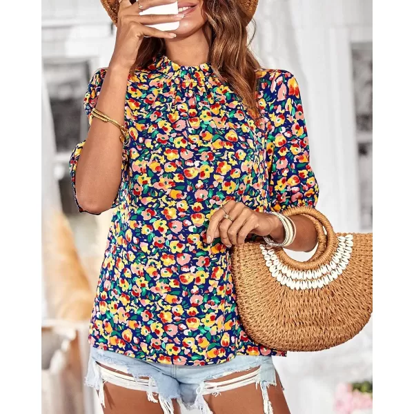 imageBTFBM Womens Summer Boho Shirt Top Ruffle Short Sleeve Frill Trim Mock Neck Floral Solid 2023 Casual Blouses Shirts TopsFloral Royal Blue