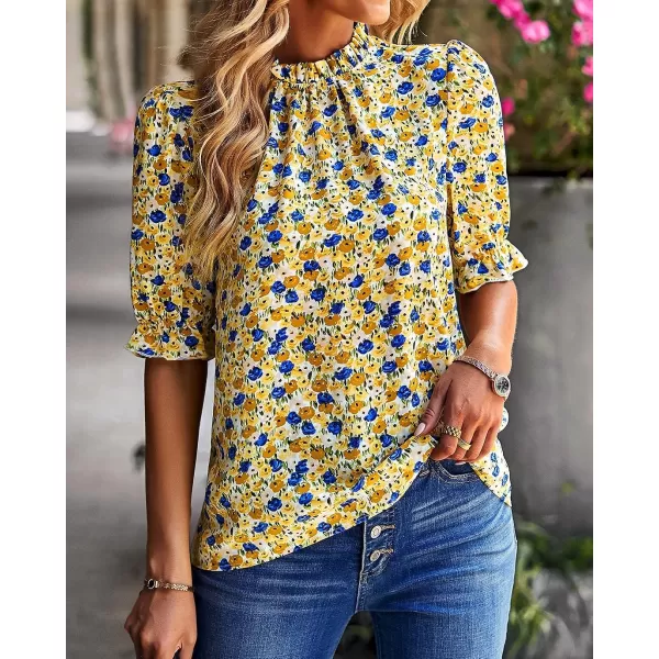 imageBTFBM Womens Summer Boho Shirt Top Ruffle Short Sleeve Frill Trim Mock Neck Floral Solid 2023 Casual Blouses Shirts TopsFloral Yellow