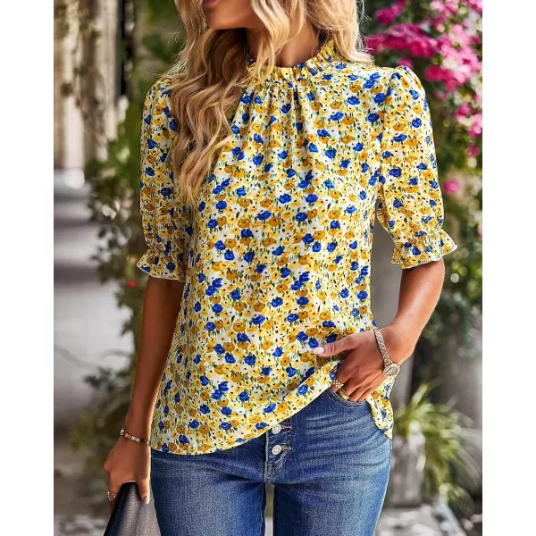 imageBTFBM Womens Summer Boho Shirt Top Ruffle Short Sleeve Frill Trim Mock Neck Floral Solid 2023 Casual Blouses Shirts TopsFloral Yellow