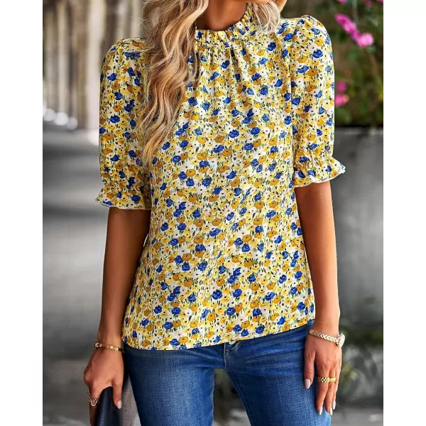 imageBTFBM Womens Summer Boho Shirt Top Ruffle Short Sleeve Frill Trim Mock Neck Floral Solid 2023 Casual Blouses Shirts TopsFloral Yellow