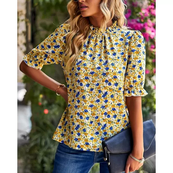 imageBTFBM Womens Summer Boho Shirt Top Ruffle Short Sleeve Frill Trim Mock Neck Floral Solid 2023 Casual Blouses Shirts TopsFloral Yellow