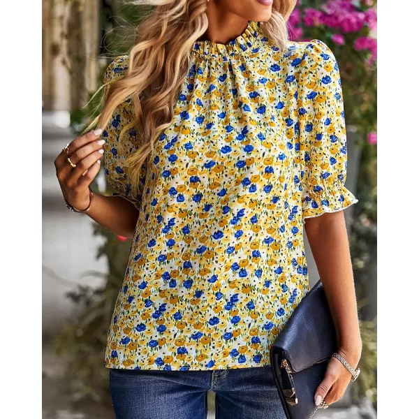 imageBTFBM Womens Summer Boho Shirt Top Ruffle Short Sleeve Frill Trim Mock Neck Floral Solid 2023 Casual Blouses Shirts TopsFloral Yellow
