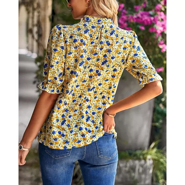 imageBTFBM Womens Summer Boho Shirt Top Ruffle Short Sleeve Frill Trim Mock Neck Floral Solid 2023 Casual Blouses Shirts TopsFloral Yellow