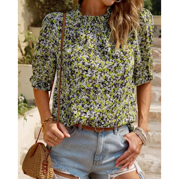 imageBTFBM Womens Summer Boho Shirt Top Ruffle Short Sleeve Frill Trim Mock Neck Floral Solid 2023 Casual Blouses Shirts TopsFloral Yellow White