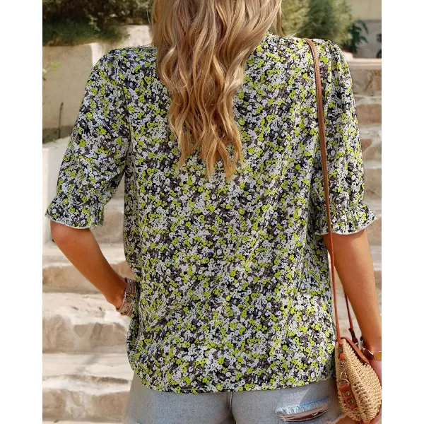 imageBTFBM Womens Summer Boho Shirt Top Ruffle Short Sleeve Frill Trim Mock Neck Floral Solid 2023 Casual Blouses Shirts TopsFloral Yellow White