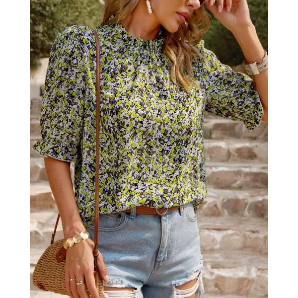 imageBTFBM Womens Summer Boho Shirt Top Ruffle Short Sleeve Frill Trim Mock Neck Floral Solid 2023 Casual Blouses Shirts TopsFloral Yellow White