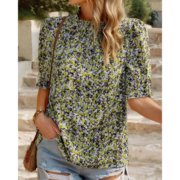 imageBTFBM Womens Summer Boho Shirt Top Ruffle Short Sleeve Frill Trim Mock Neck Floral Solid 2023 Casual Blouses Shirts TopsFloral Yellow White