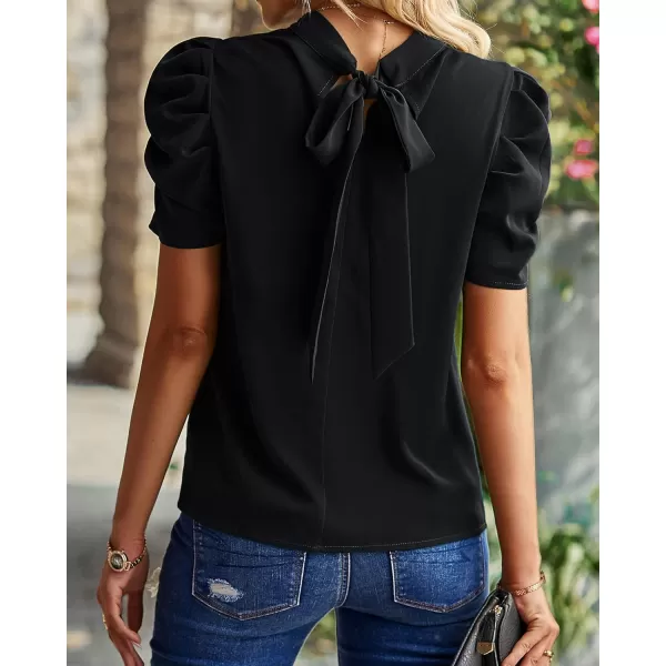 imageBTFBM Womens Summer Boho Shirt Top Ruffle Short Sleeve Frill Trim Mock Neck Floral Solid 2023 Casual Blouses Shirts TopsSolid Black