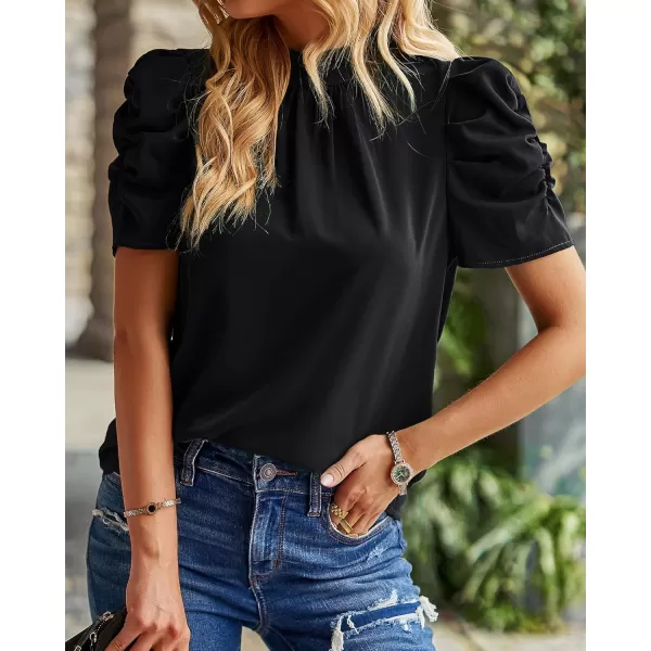imageBTFBM Womens Summer Boho Shirt Top Ruffle Short Sleeve Frill Trim Mock Neck Floral Solid 2023 Casual Blouses Shirts TopsSolid Black