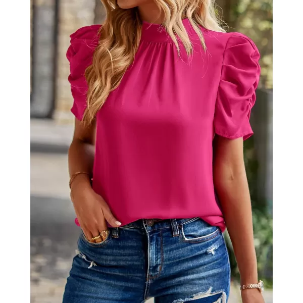 imageBTFBM Womens Summer Boho Shirt Top Ruffle Short Sleeve Frill Trim Mock Neck Floral Solid 2023 Casual Blouses Shirts TopsSolid Rose Red