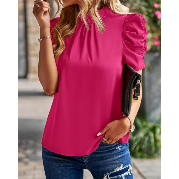 imageBTFBM Womens Summer Boho Shirt Top Ruffle Short Sleeve Frill Trim Mock Neck Floral Solid 2023 Casual Blouses Shirts TopsSolid Rose Red