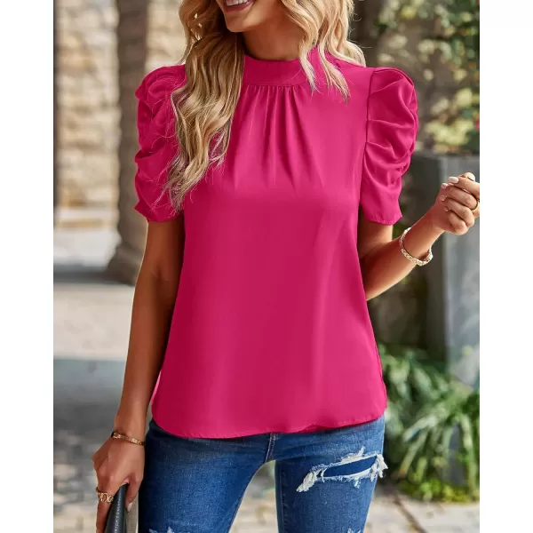 imageBTFBM Womens Summer Boho Shirt Top Ruffle Short Sleeve Frill Trim Mock Neck Floral Solid 2023 Casual Blouses Shirts TopsSolid Rose Red