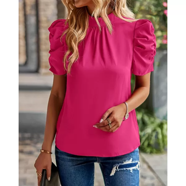 imageBTFBM Womens Summer Boho Shirt Top Ruffle Short Sleeve Frill Trim Mock Neck Floral Solid 2023 Casual Blouses Shirts TopsSolid Rose Red