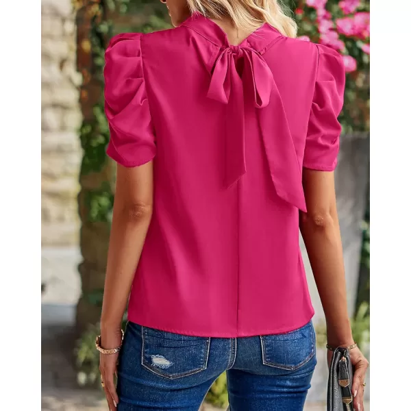 imageBTFBM Womens Summer Boho Shirt Top Ruffle Short Sleeve Frill Trim Mock Neck Floral Solid 2023 Casual Blouses Shirts TopsSolid Rose Red