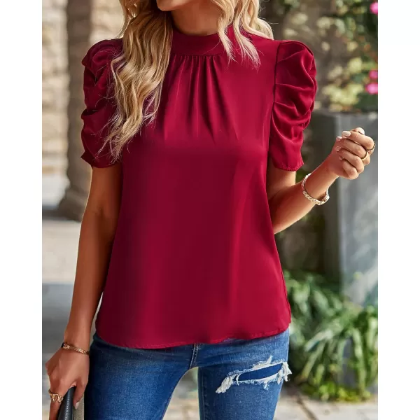 imageBTFBM Womens Summer Boho Shirt Top Ruffle Short Sleeve Frill Trim Mock Neck Floral Solid 2023 Casual Blouses Shirts TopsSolid Wine Red