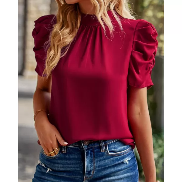 imageBTFBM Womens Summer Boho Shirt Top Ruffle Short Sleeve Frill Trim Mock Neck Floral Solid 2023 Casual Blouses Shirts TopsSolid Wine Red