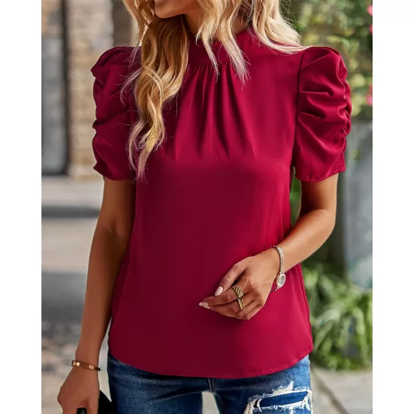 imageBTFBM Womens Summer Boho Shirt Top Ruffle Short Sleeve Frill Trim Mock Neck Floral Solid 2023 Casual Blouses Shirts TopsSolid Wine Red