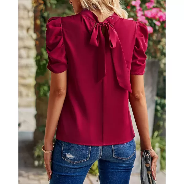 imageBTFBM Womens Summer Boho Shirt Top Ruffle Short Sleeve Frill Trim Mock Neck Floral Solid 2023 Casual Blouses Shirts TopsSolid Wine Red