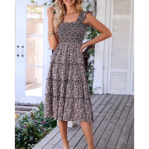 imageBTFBM Womens Summer Boho Smocked Beach Dresses Sleeveless Shoulder Strap Floral Flowy Tiered Party Midi Casual SundressFloral Black