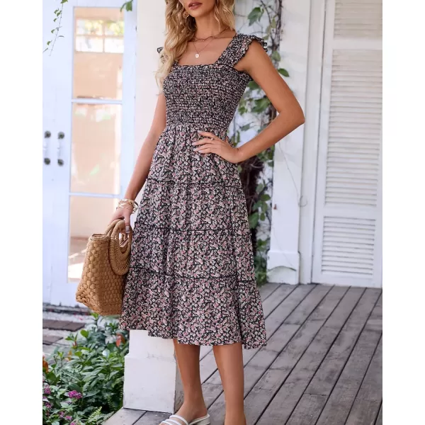 imageBTFBM Womens Summer Boho Smocked Beach Dresses Sleeveless Shoulder Strap Floral Flowy Tiered Party Midi Casual SundressFloral Black