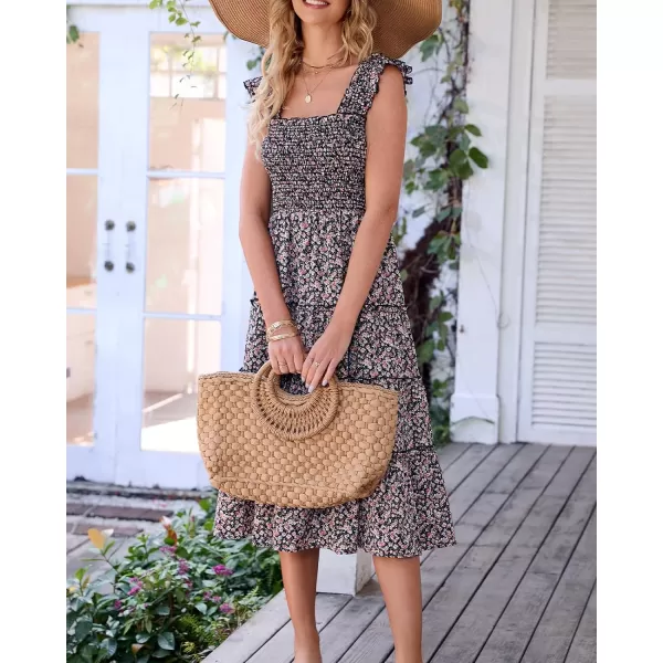 imageBTFBM Womens Summer Boho Smocked Beach Dresses Sleeveless Shoulder Strap Floral Flowy Tiered Party Midi Casual SundressFloral Black