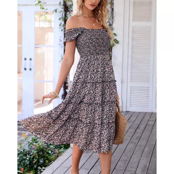 imageBTFBM Womens Summer Boho Smocked Beach Dresses Sleeveless Shoulder Strap Floral Flowy Tiered Party Midi Casual SundressFloral Black