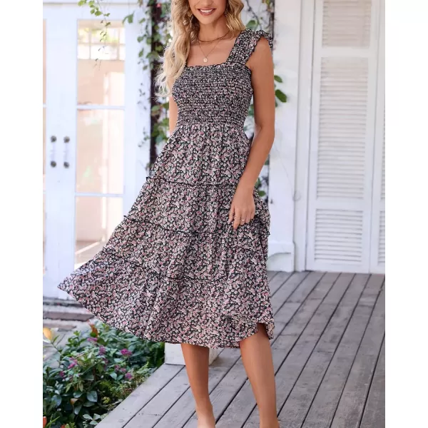 imageBTFBM Womens Summer Boho Smocked Beach Dresses Sleeveless Shoulder Strap Floral Flowy Tiered Party Midi Casual SundressFloral Black