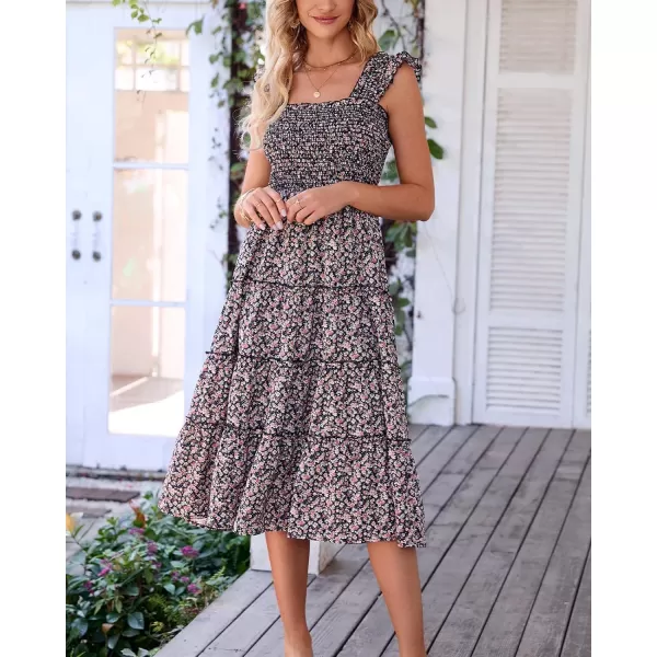 imageBTFBM Womens Summer Boho Smocked Beach Dresses Sleeveless Shoulder Strap Floral Flowy Tiered Party Midi Casual SundressFloral Black