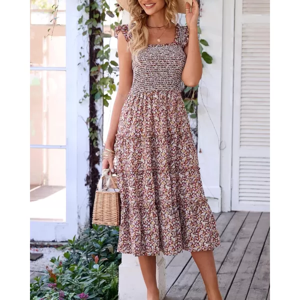 imageBTFBM Womens Summer Boho Smocked Beach Dresses Sleeveless Shoulder Strap Floral Flowy Tiered Party Midi Casual SundressFloral Brown