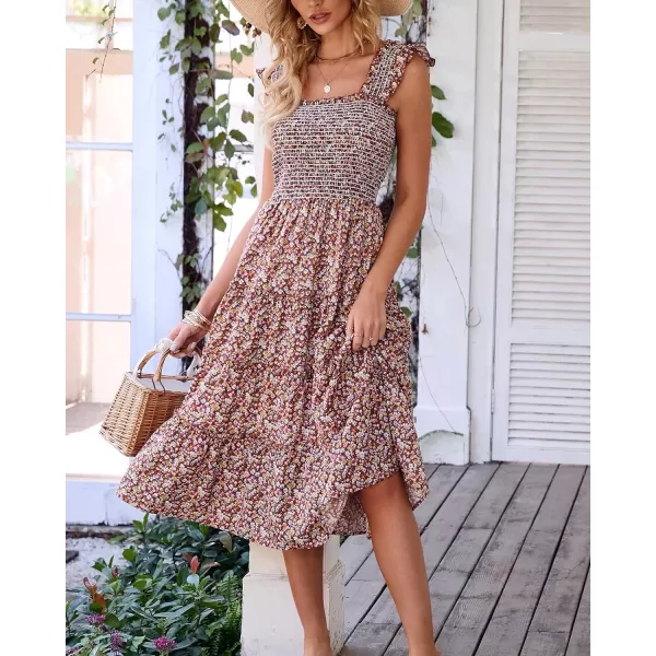 imageBTFBM Womens Summer Boho Smocked Beach Dresses Sleeveless Shoulder Strap Floral Flowy Tiered Party Midi Casual SundressFloral Brown