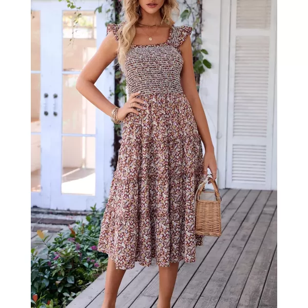 imageBTFBM Womens Summer Boho Smocked Beach Dresses Sleeveless Shoulder Strap Floral Flowy Tiered Party Midi Casual SundressFloral Brown